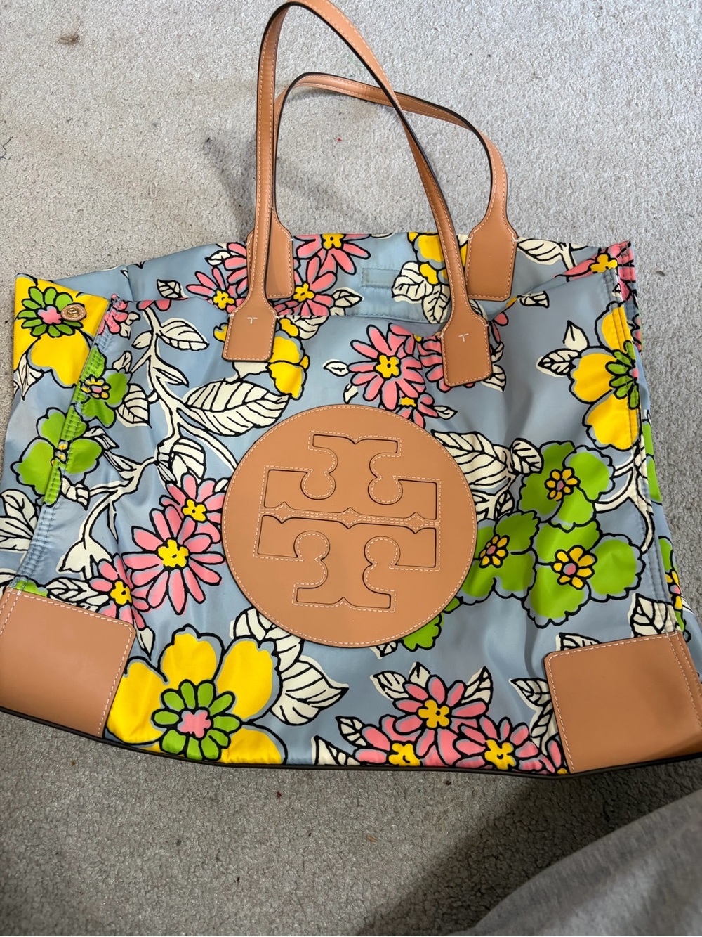Tory Burch Floral Print Tote with Tan Leather Trim